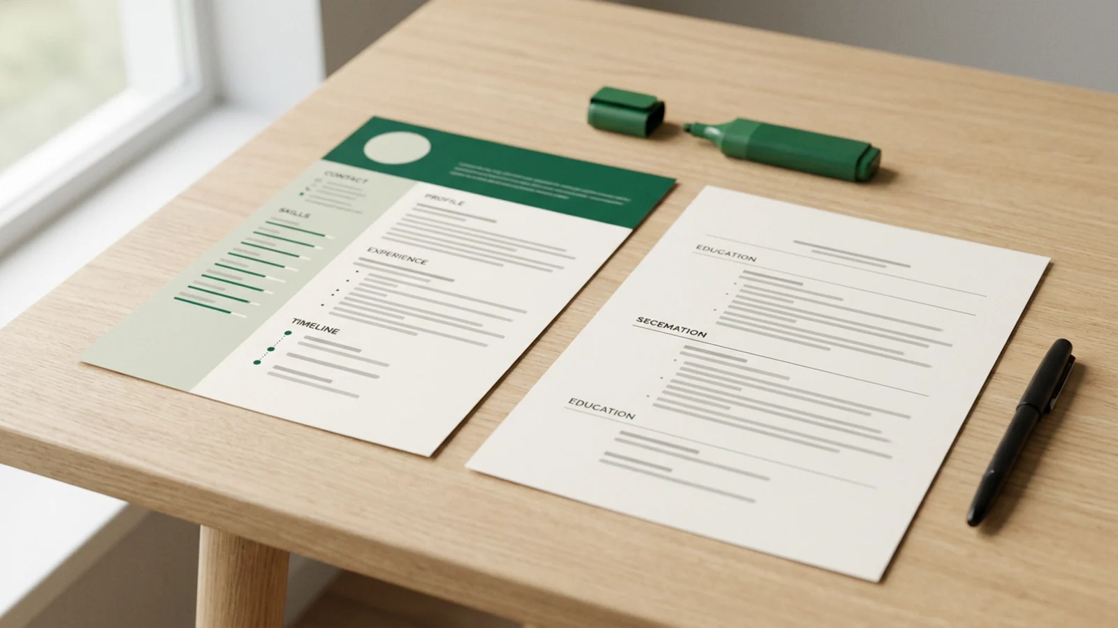 A designed two-column resume with a dark green header and skill bars beside a plain one-column version of the same resume