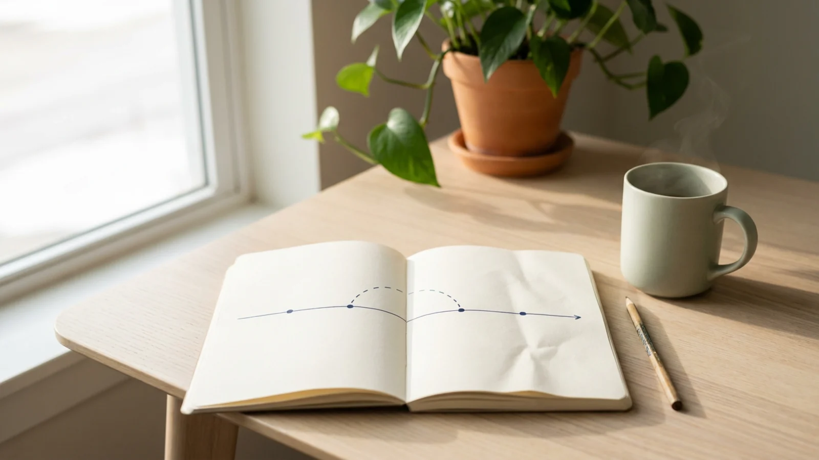 A notepad with a hand-drawn career timeline from 2019 to now, a dashed arc labelled career break over 2022 to 2023