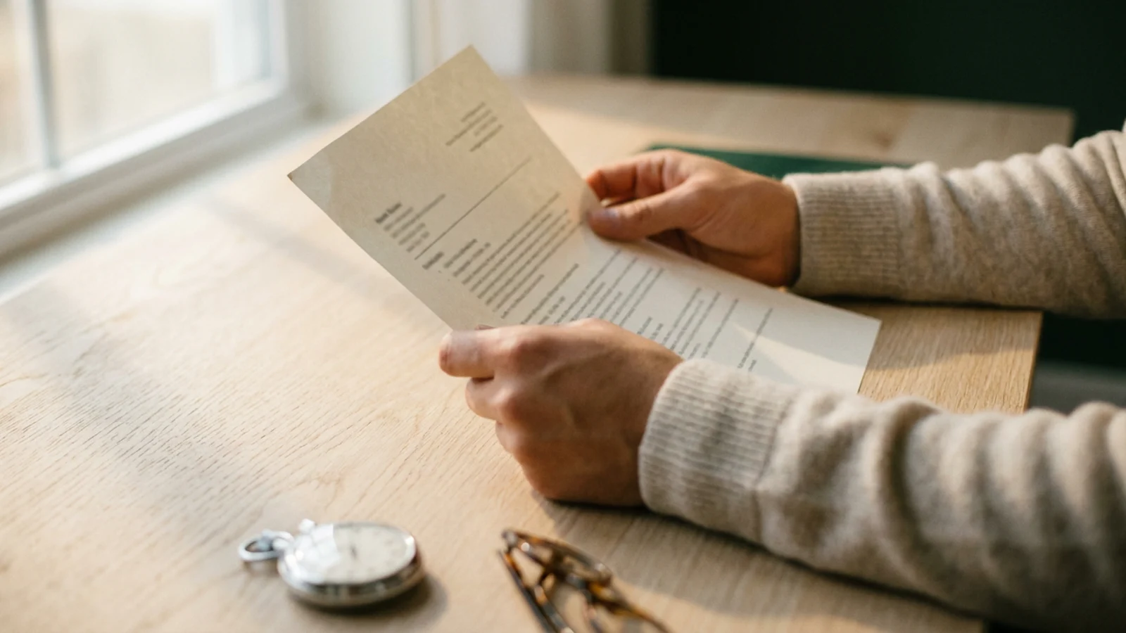 A resume on a desk next to a stopwatch stopped at about seven seconds, the length of a recruiter's first look