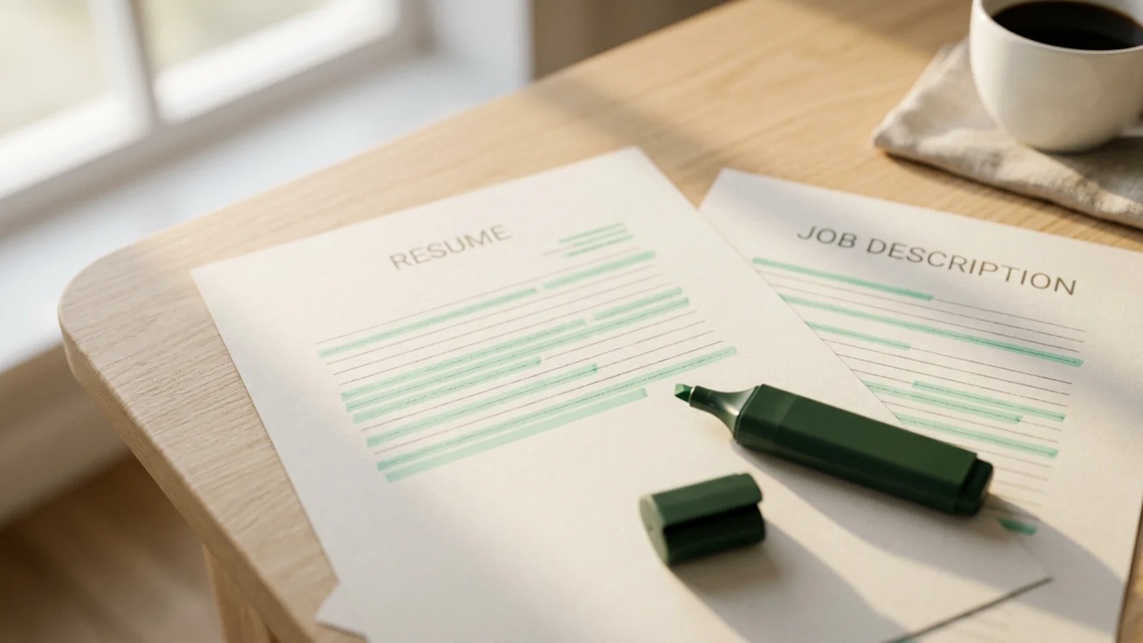 A tailored resume and the job posting it answers, side by side on a sage linen desk, matching skills marked in green highlighter