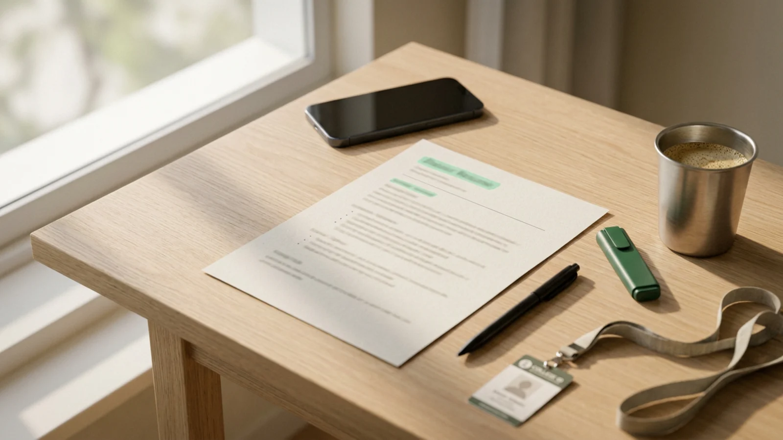 A phone showing a fresher's job-site profile with a one-line resume headline, beside an index card with a headline drafted by hand