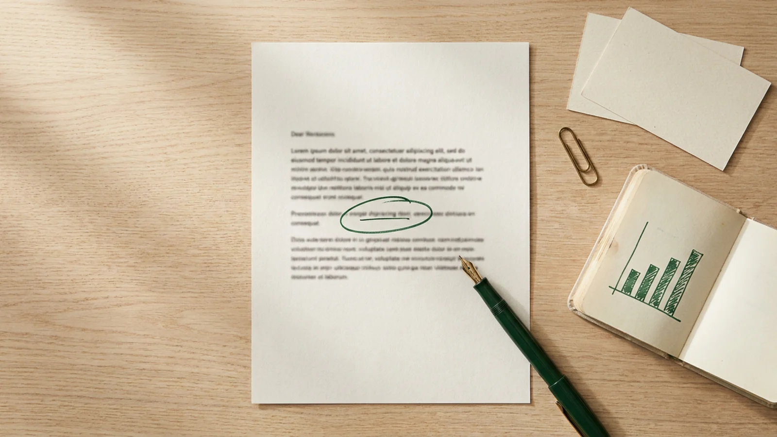 A resume with its figures circled in green ink, next to an index card that reads 14 → 6 days