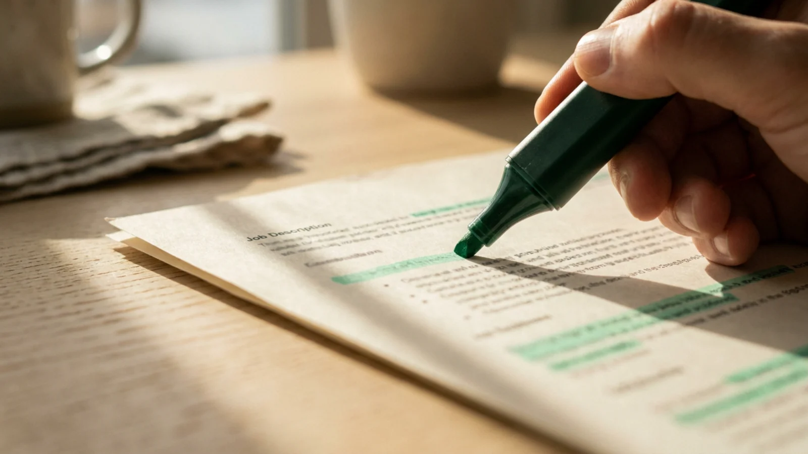 A printed job description with its key requirements marked in green highlighter: SQL, Power BI, demand forecasting, A/B testing and Python