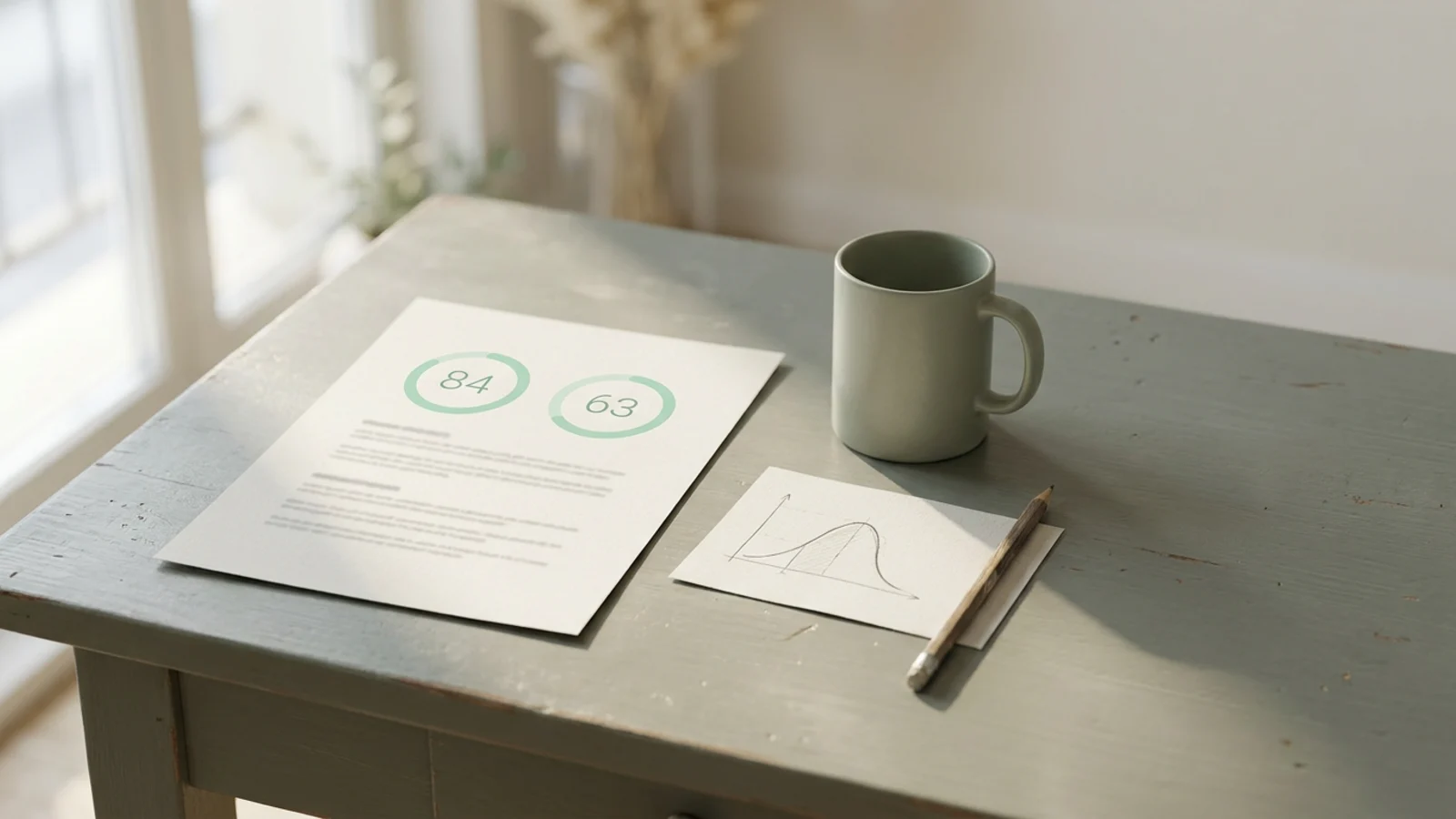 A printed resume on a sage linen desk beside a phone showing two score rings, 85 for ATS and 73 for the recruiter read